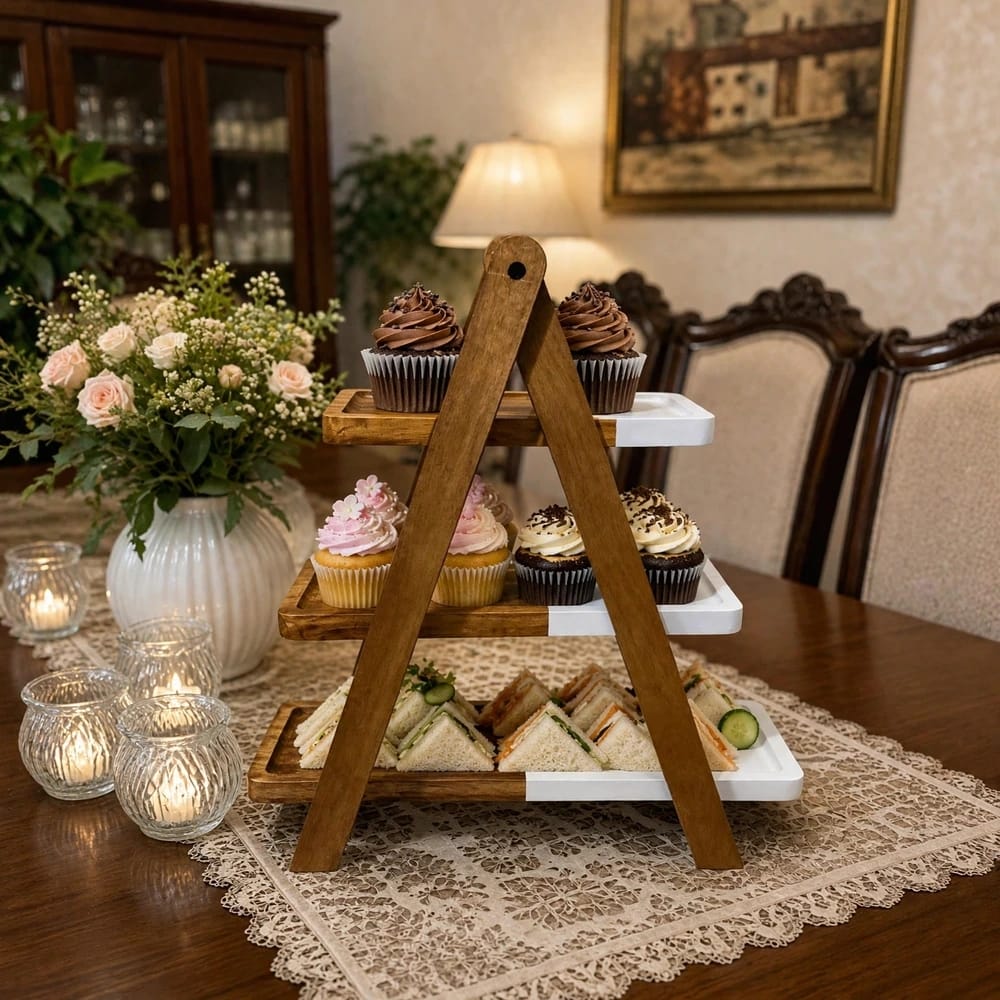 Tier - Solid Wood A-Frame 3 Tier Serving Stand with Dual-Tone Platters