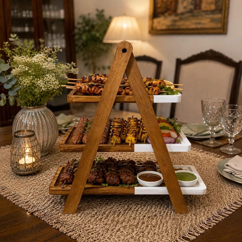 Tier - Solid Wood A-Frame 3 Tier Serving Stand with Dual-Tone Platters