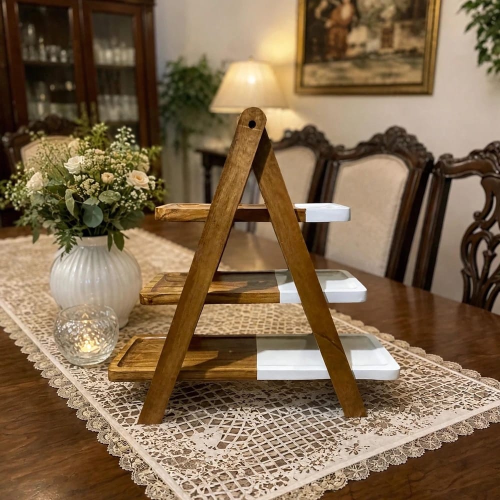 Tier - Solid Wood A-Frame 3 Tier Serving Stand with Dual-Tone Platters