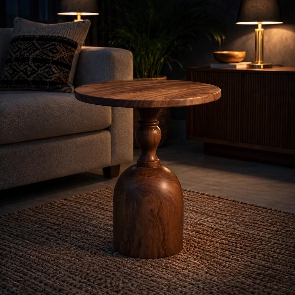 Solid Wood Round Side Table - Handcrafted Pedestal Accent Table for Living Room Bedroom