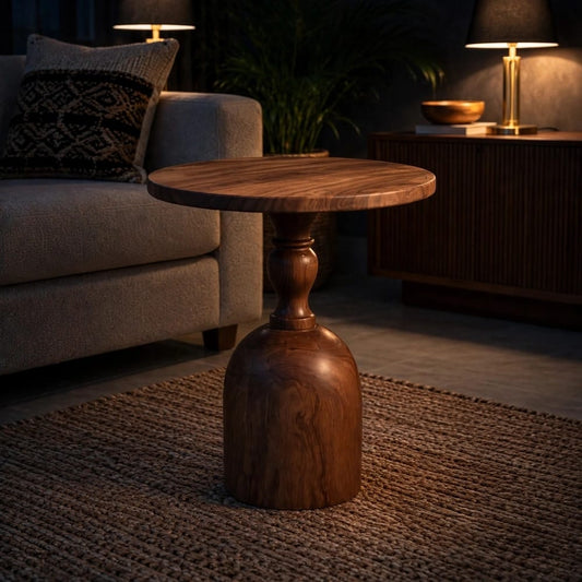 Solid Wood Round Side Table - Handcrafted Pedestal Accent Table for Living Room Bedroom