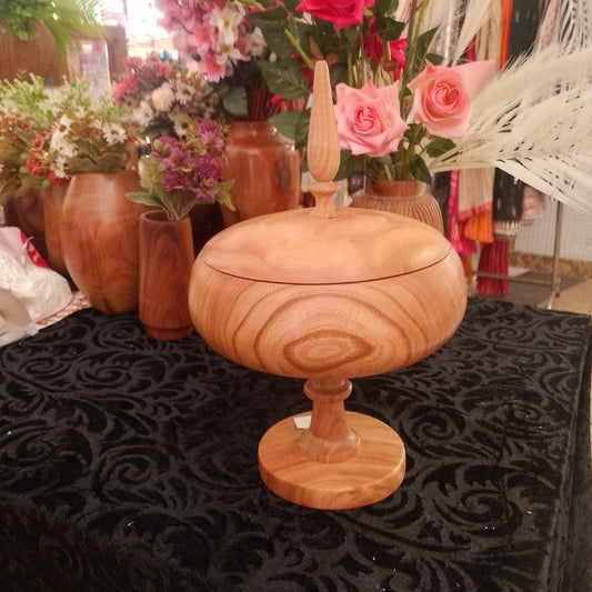 Handcrafted Pedestal Wooden Bowl with Lid – Decorative & Functional Storage