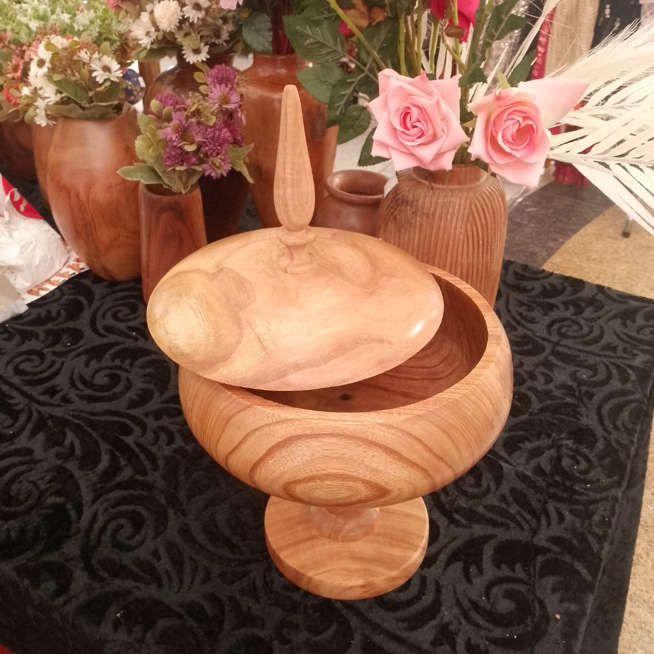 Handcrafted Pedestal Wooden Bowl with Lid – Decorative & Functional Storage