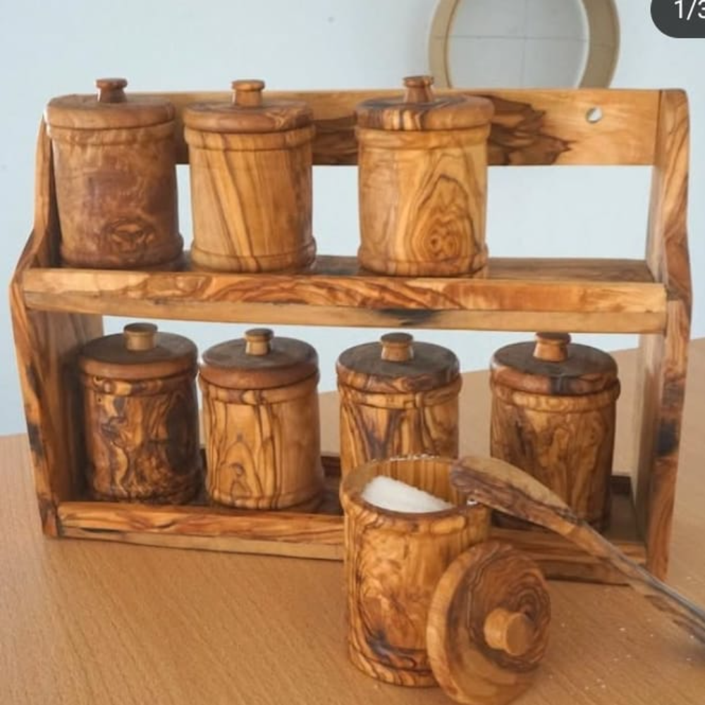 Handcrafted Wooden Spice Rack with 8 Jars – Rustic Kitchen Organizer for Jars & Bottles
