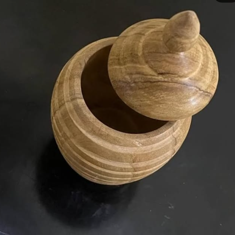 Handcrafted Wooden Honey Jar with Lid – Ribbed Design in Natural Finish