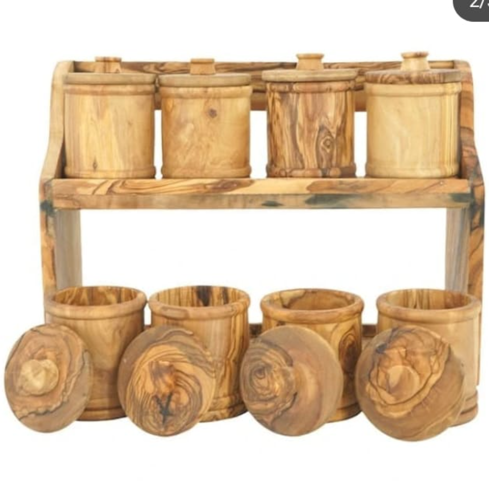 Handcrafted Wooden Spice Rack with 8 Jars – Rustic Kitchen Organizer for Jars & Bottles
