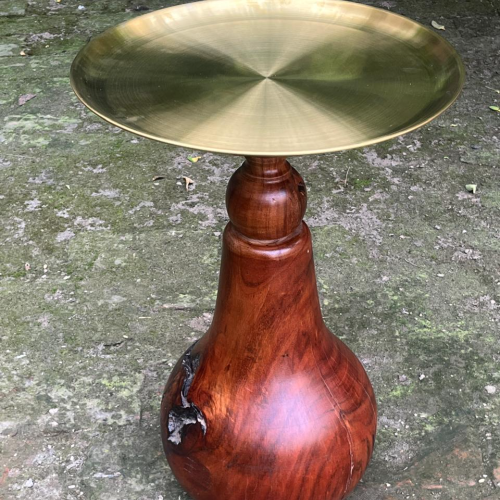 Handcrafted Wooden Pedestal Stand with Brass Top – Premium Decorative Display Table