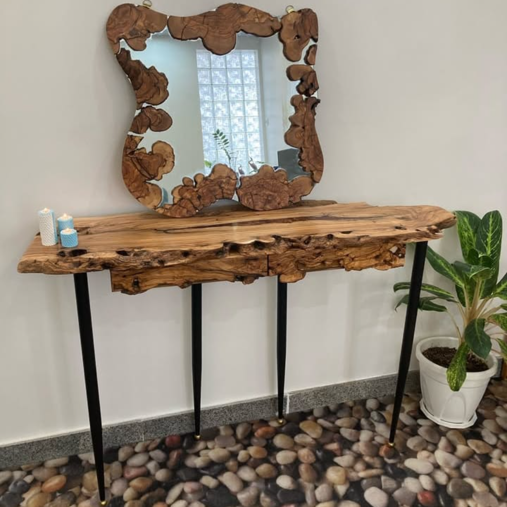 Modern Rustic Wooden Console Table with Designer Mirror – Handcrafted Solid Wood Set