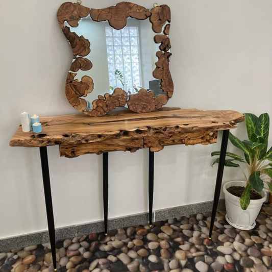 Modern Rustic Wooden Console Table with Designer Mirror – Handcrafted Solid Wood Set