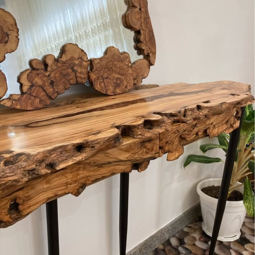 Modern Rustic Wooden Console Table with Designer Mirror – Handcrafted Solid Wood Set
