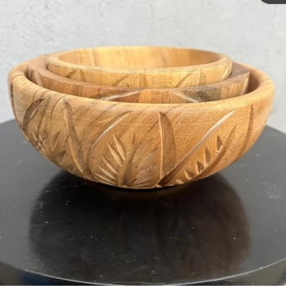 Rustic Leaf-Engraved Wooden Bowl Set for Kitchen & Decor