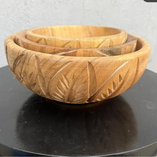 Rustic Leaf-Engraved Wooden Bowl Set for Kitchen & Decor