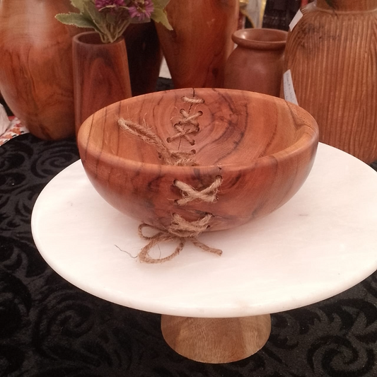 Antique Wooden Bowl Pair with Center Rope Accent – Handcrafted & Unique Décor Piece