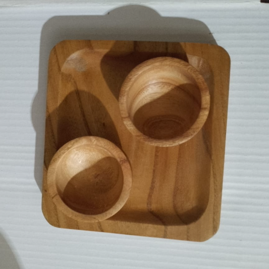 Handcrafted Wooden Tray with 2 Bowls – Rustic Serving Set for Snacks & Condiments
