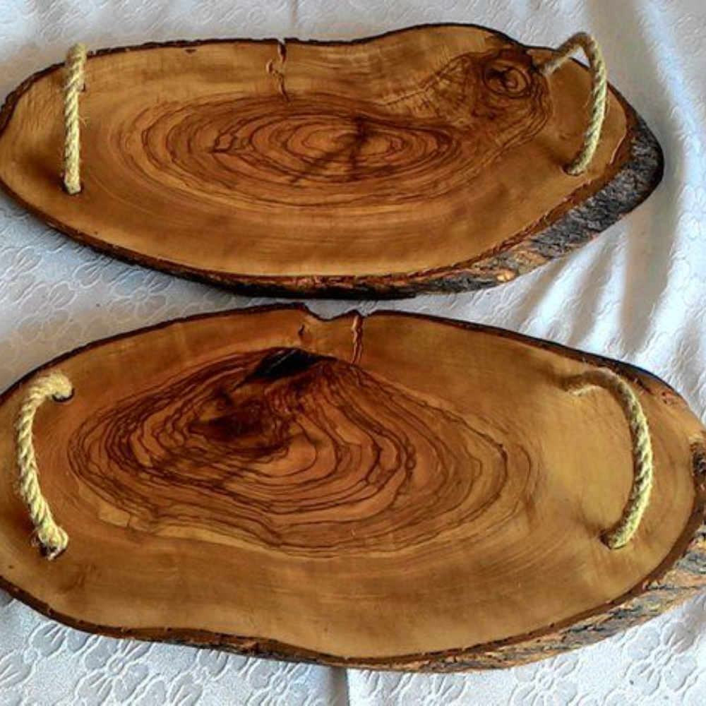Set of 2 Wooden Serving Trays with Rope Handles – Rustic Decorative & Food Serving Tray Set