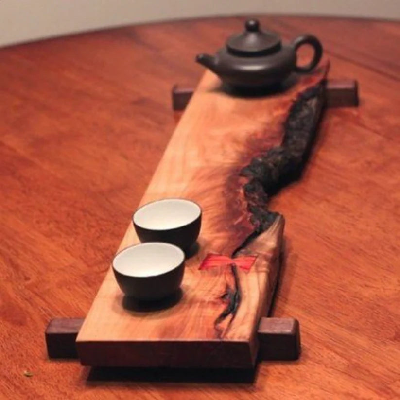 Artisan Live Edge Wooden Serving Tray with Bowtie Inlay – Decorative Handcrafted Wood Board