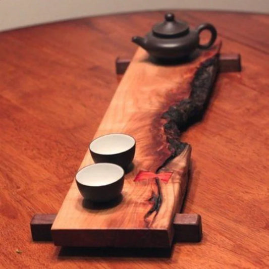 Artisan Live Edge Wooden Serving Tray with Bowtie Inlay – Decorative Handcrafted Wood Board