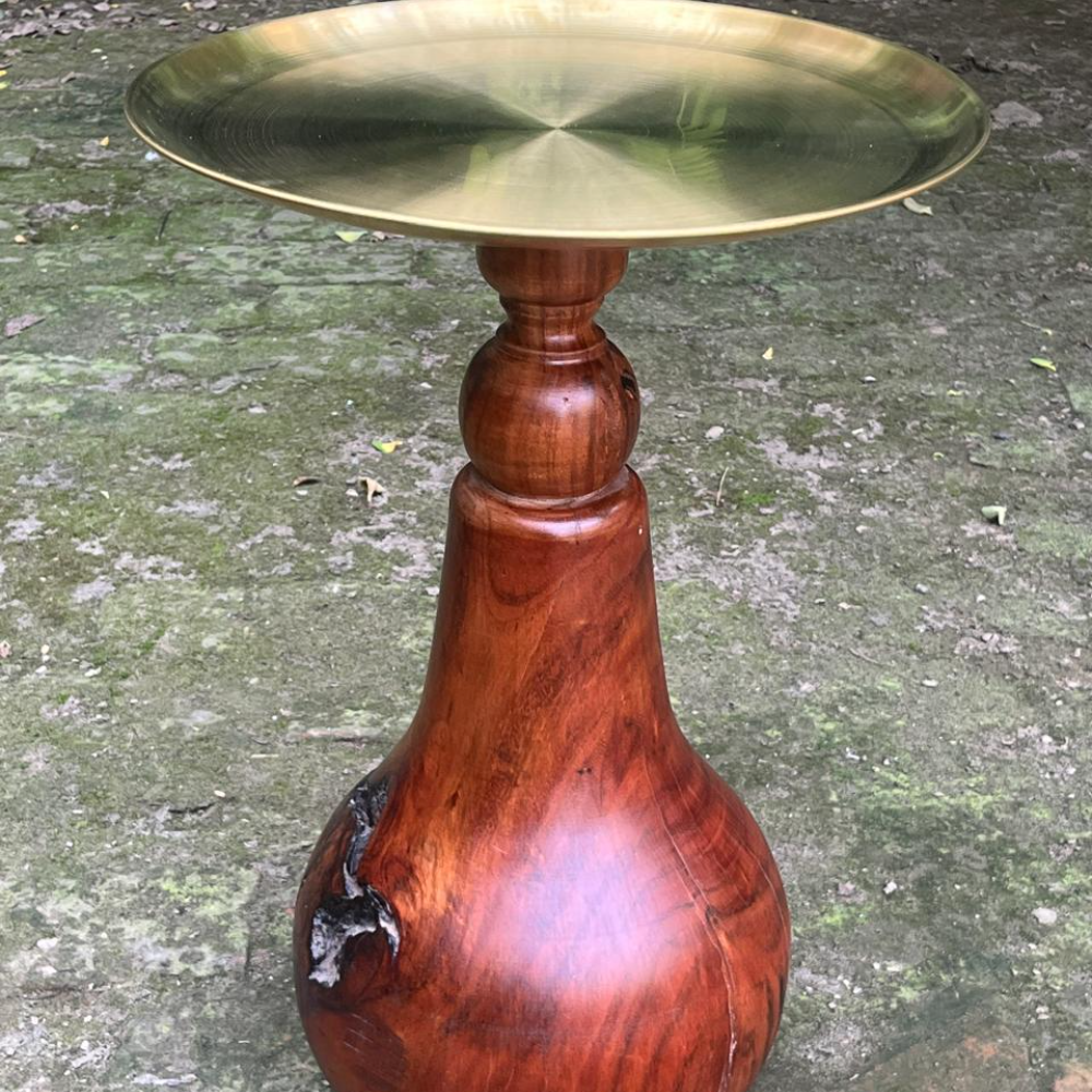 Handcrafted Wooden Pedestal Stand with Brass Top – Premium Decorative Display Table