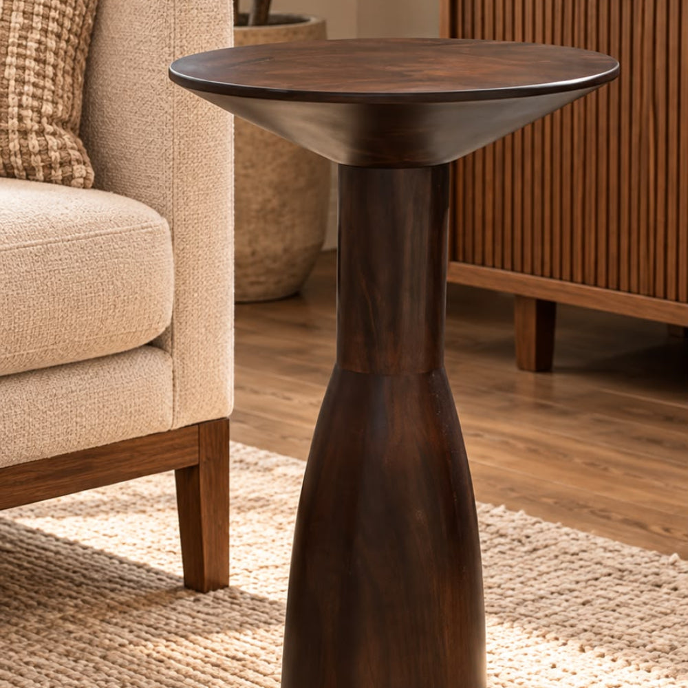 Flared Top Pedestal Side Table - Dark Brown Solid Wood