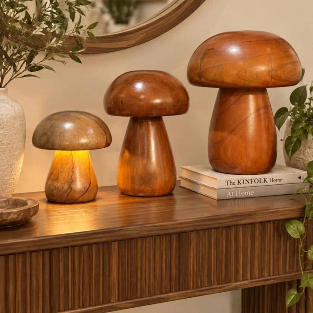 Handcrafted Wooden Mushroom Lamp - Set of 3