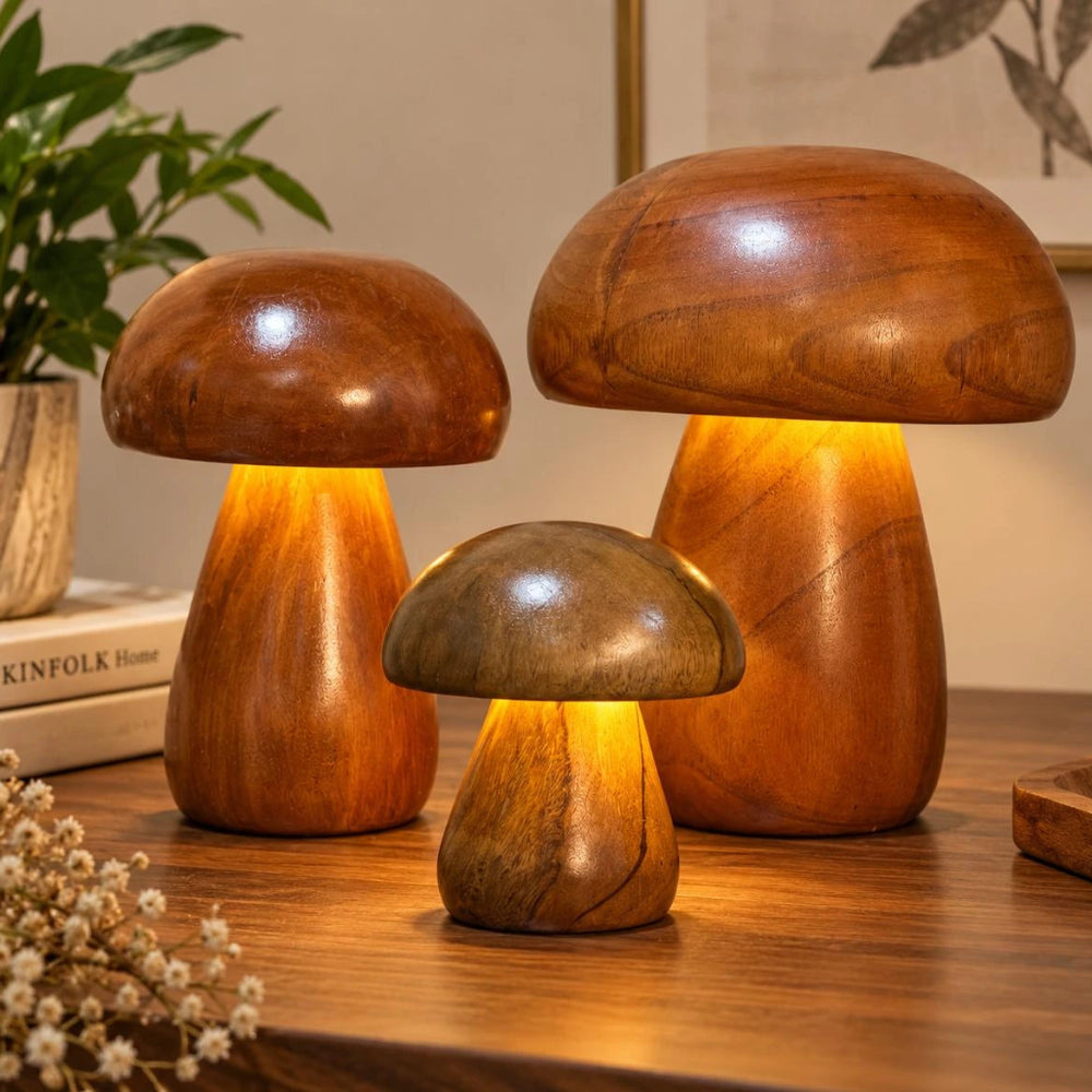 Handcrafted Wooden Mushroom Lamp - Set of 3