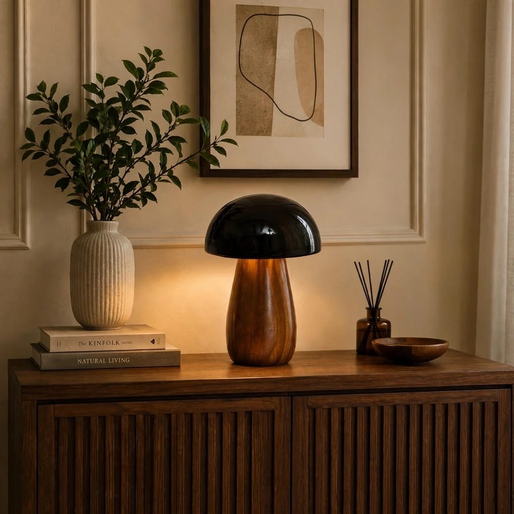 Mushroom - Solid Wood Table Lamp with Dome Metal Shade and Golden Edge